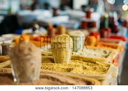 The Wide Range Of Multicolored Powdered Spices, Fragrant Seasoning, Condiment At The Showcase Of East Market, Bazaar For Sale. Close, Copyspace.