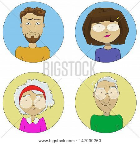 Cartoon user profile picture icon vector set. Elderly man, senior woman, young boy and girl.