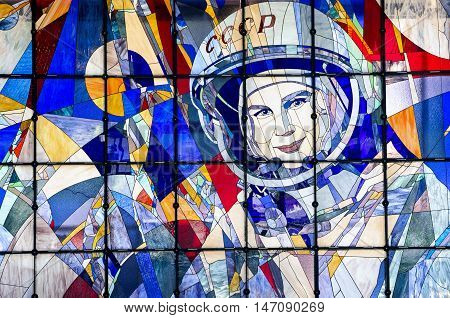 YAROSLAVL, RUSSIA - JUNE 29, 2016: A stained-glass window with a portrait of Valentina Tereshkova in The New Cultural and Educational Center with Planetarium in Yaroslavl. Valentina Tereshkova is the first woman to have flown in space.