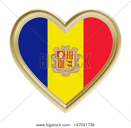 Andora flag in golden heart isolated on white background. 3D illustration.