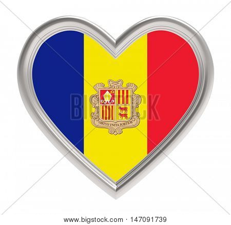 Andora flag in silver heart isolated on white background. 3D illustration.