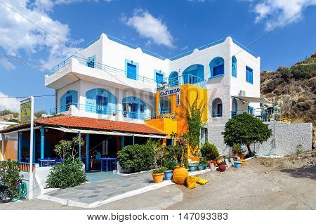 PALEOCHORA, CRETE, GREECE - JUNE 2016: Traditional white blue Greek village on Crete island