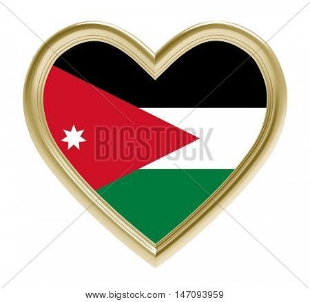Jordanian flag in golden heart isolated on white background. 3D illustration.