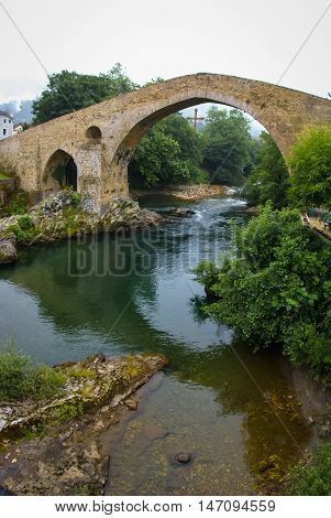 Old Roman Stone Bridge In Cangas De Onis In Asturias, Spain