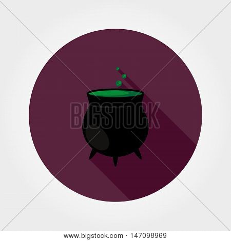 Black witches pot with potion. Halloween. Icon for web and mobile application. Vector illustration on a button with a long shadow. Flat design style.