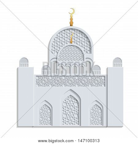 Beautiful islamic mosque drawn in gray and gold and isolated on white background. Greeting card template for Ramadan Eid al Fitr-festival of breaking of the fast Eid al-Adha-festival of sacrifice