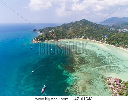 Aerial view of beach and boats Koh Tao Thailand