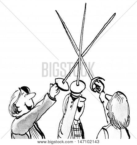 B&W, closeup business illustration of three smiling businesswomen holding swords together in the air.