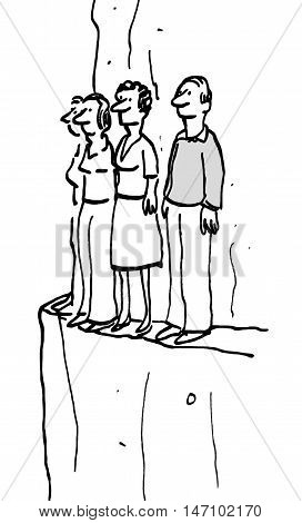 B&W business illustration showing four businesspeople standing on a narrow edge of a cliff.