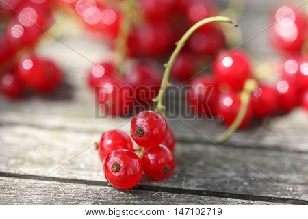 Closeup of red currant berries on wooden background.