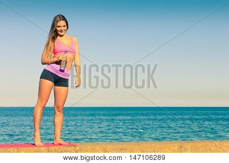 Woman Drinking Water After Sport Gym Outdoor