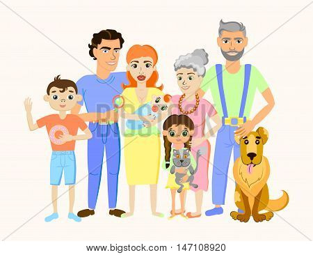 Cartoon happy family portrait with cat and dog.