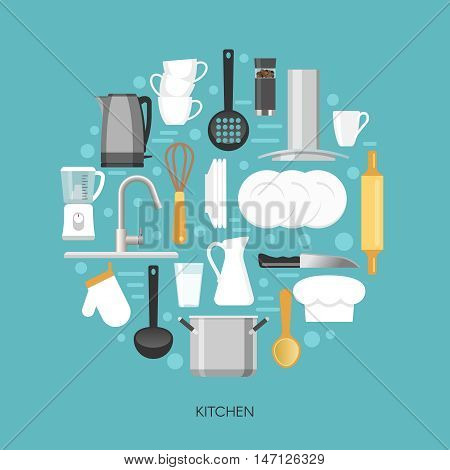 Kitchen round composition with household appliances faucet crockery and utensils on blue background vector illustration
