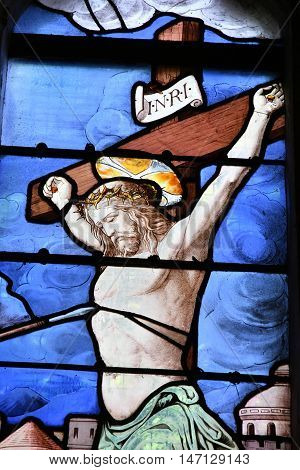 Saint Wandrille Rancon France - june 22 2016 : the stained glass window of Saint Michel church