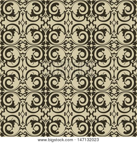 Seamless damask pattern with golden ornaments on brown background