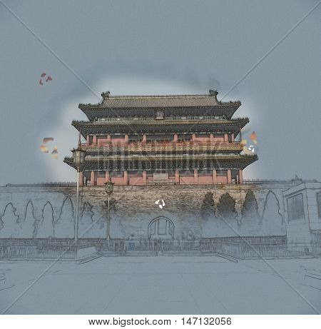 Beijing, China at the Zhengyangmen Gatehouse in Tiananmen Square. Beautiful historical building at sunset. Vintage painting, background illustration, beautiful picture, travel texture