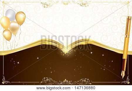 Elegant brown background with balloons and a golden shiny pen, for any occasion: weddings invitations, birthday cards, congratulations. Print colors used