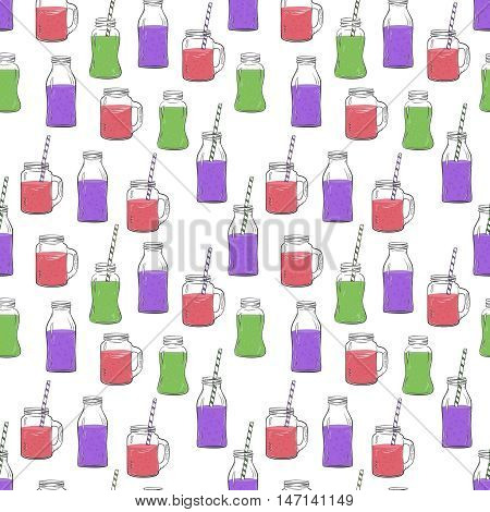 Glass bottles sketches seamless pattern for smoothie and milk, Yogurt and fresh juse, for detox cocktails pattern. Whith straw. Vector sketch illustration