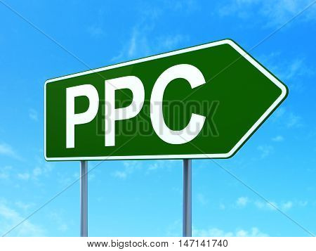 Advertising concept: PPC on green road highway sign, clear blue sky background, 3D rendering