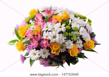 Flower arrangement in a basket - lstroemeria rose chrysanthemum aspidistra