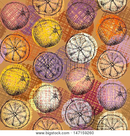 Seamless background pattern. Sketches of a orange on a grunge background
