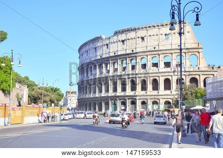 ROME ITALY - May 03.2012: Ruins of cyclopean building with of genius architecture. Facade of Coliseum