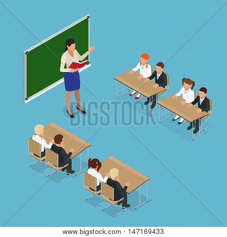 sometric School lesson. Little students and teacher. Isometric Classroom with green chalkboard, teachers desk, pupils tables and chairs. Flat 3d cartoon illustration
