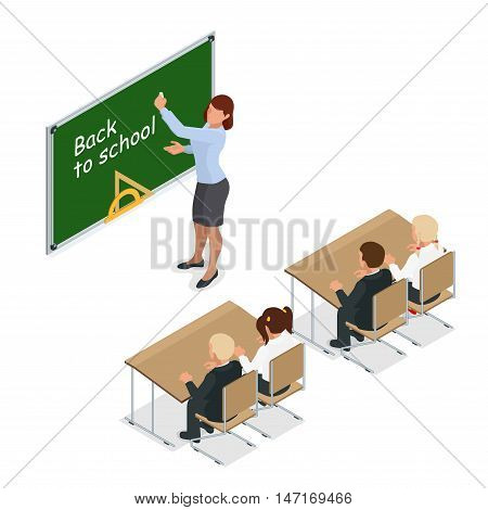 sometric School lesson. Little students and teacher. Isometric Classroom with green chalkboard, teachers desk, pupils tables and chairs. Flat 3d cartoon illustration
