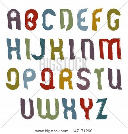 Vector alphabet capital letters set hand-drawn colorful script bright drop caps drawn with ink brush doodle acrylic font.