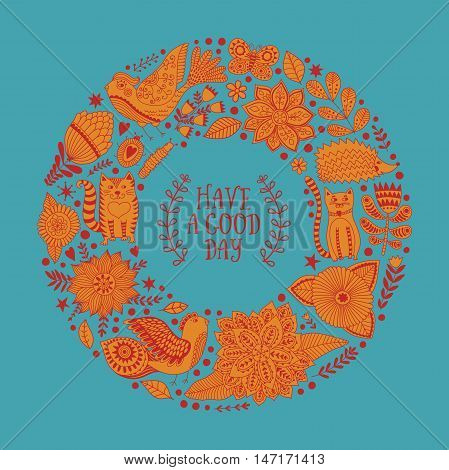 Wreath illustration made of flowers and herbs. Vector decorative frame and leaf. Spring elements. Floral doodles wreath.