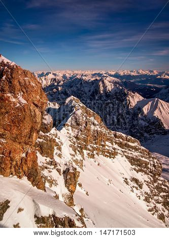 Beautiful View From Highest Mountain Peak Zugspitze Near Garmisch Partenkirchen. Cold Winter Day Wit