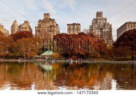New York City USA - November 14 2011: A people sailing a model boats at the Conservatory Water in New York's Central Park at November 14 2011. Central Park's pond is popular with tourists who rent radio-controlled sailboats one lever on the controls turni