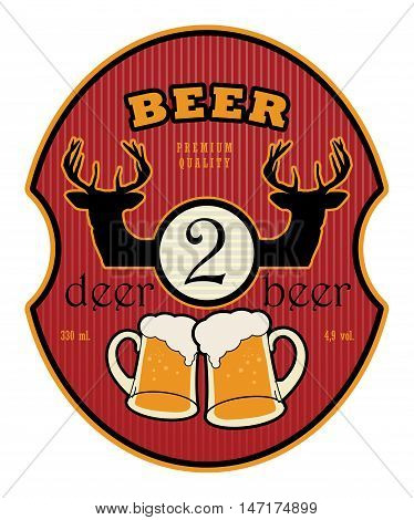 Label with beer mugs and the text 2 Deer Beer written inside, vector illustration