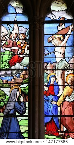 Saint Wandrille Rancon France - june 22 2016 : the stained glass window of Saint Michel church