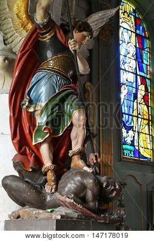 Saint Wandrille Rancon France - june 22 2016 : the stained glass window of Saint Michel church