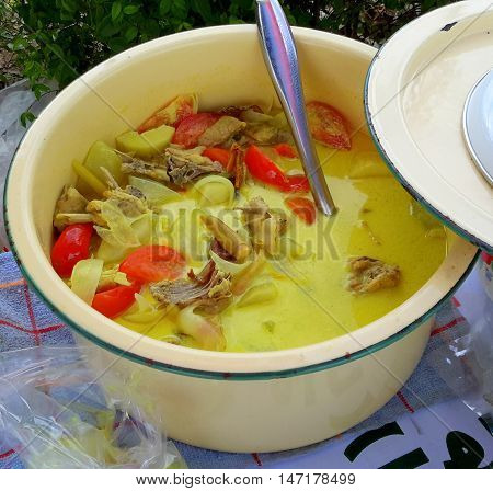 white enamel bowl with spicy Thai vegetable and chicken stew, water market in Ranot, Thailand
