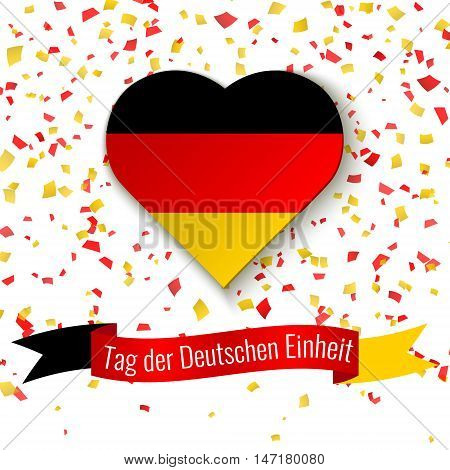 Germany Independence Day background. Greeting card flyer poster for 3th October. Celebration vector template in colors of german flag with confetti. Ribbon with text German Unity Day.