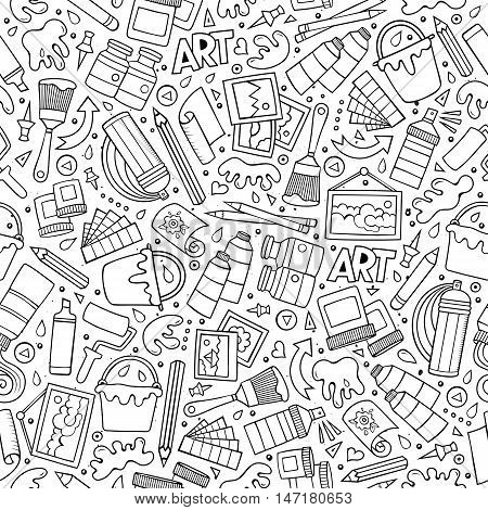 Cartoon cute hand drawn Art seamless pattern. Line art detailed, with lots of objects background. Endless funny vector illustration. Sketchy artist backdrop.