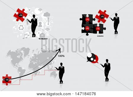 Business concept with businessman, graph , puzzle and cloud of application. Vector illustration.