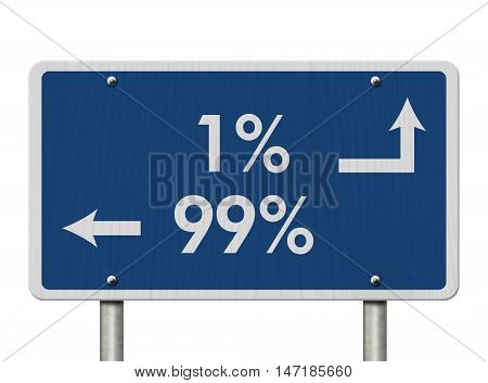 The 1% ers versus the 99% er Blue Road Sign with text 1% and 99% isolated over white, 3D Illustration