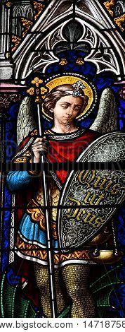 Saint Wandrille Rancon France - june 22 2016 : the stained glass window of Saint Michel church