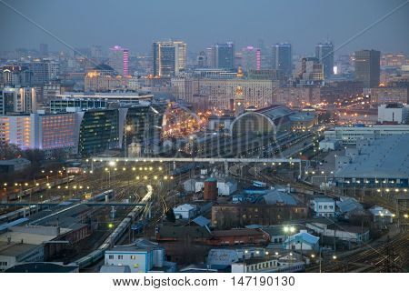 Kievsky railway station at night. Russian Railways is among three largest transport companies in world