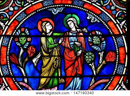 Poissy France - august 6 2016 : stained glass window of the historical collegiate church where the king Saint Louis was baptised