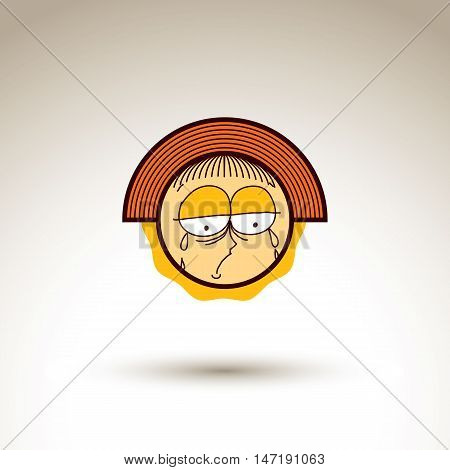 Vector hand drawn sad crying girl with fashionable hairdo. Facial expression theme graphic element isolated. Social conversation idea cartoon drawing.
