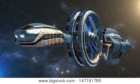 3d Illustration of a spacecraft with gravitational energy field side wheels, for games, futuristic exploration or science fiction backgrounds, with the clipping path included in the file.