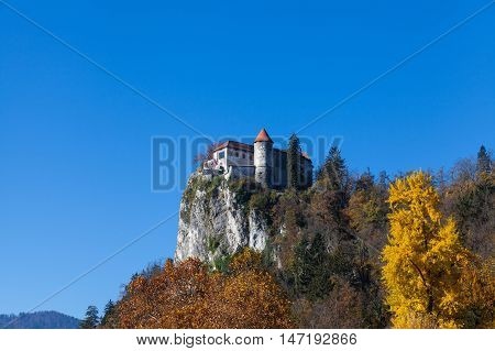 Bled Castle  built on top of a cliff overlooking lake Bled, located in Bled, Slovenia.