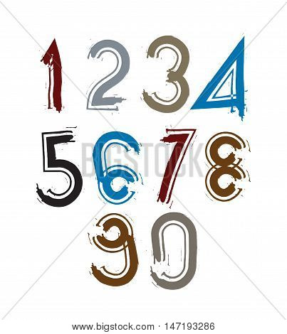 Multicolored handwritten numbers vector doodle brushed figures hand-painted set of numbers with brushstrokes.