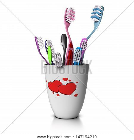 3D illustration of a tooth cup with many toothbrushes two for the parents and seven for the children. Concept image of large family over white background.