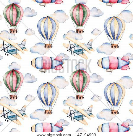 Seamless pattern with air balloons,airship,clouds and the plane in pastel colors.