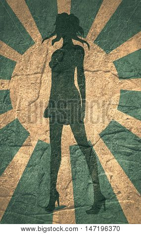 Sexy woman silhouette in short dress. Concrete textured backdrop. Sun rays background